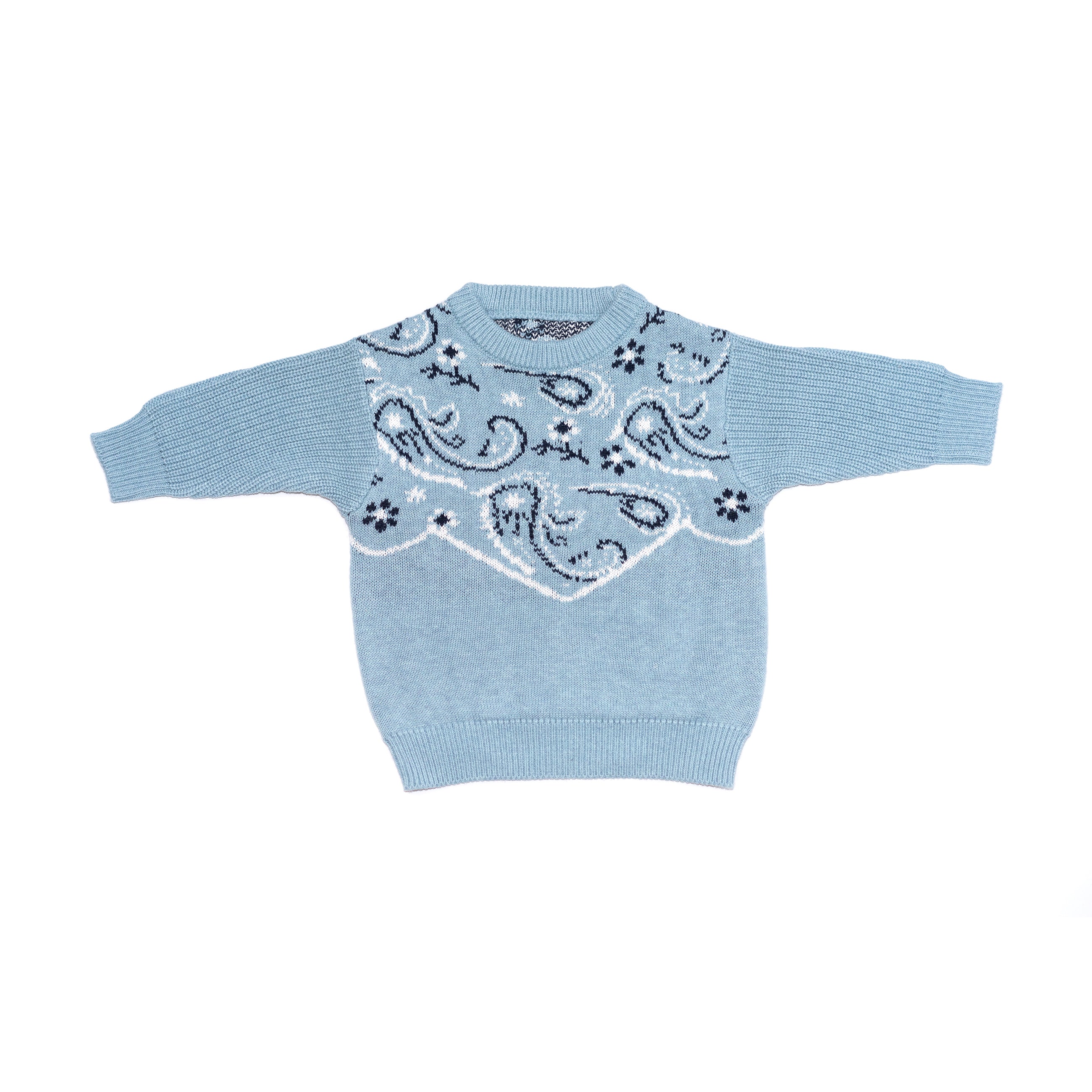 Front product shot of kids chambray blue bandana print sweater.