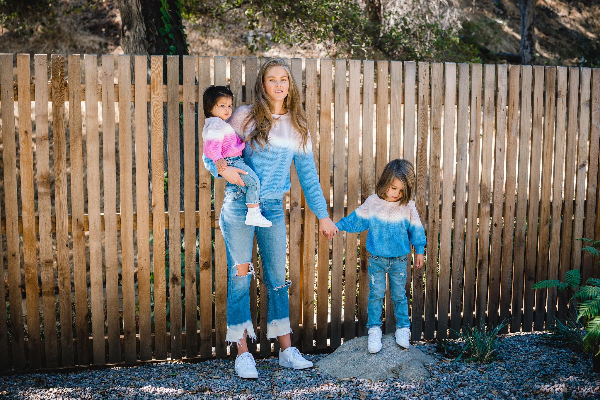 Kids and women's matching dip dye sweater in pink and blue. 