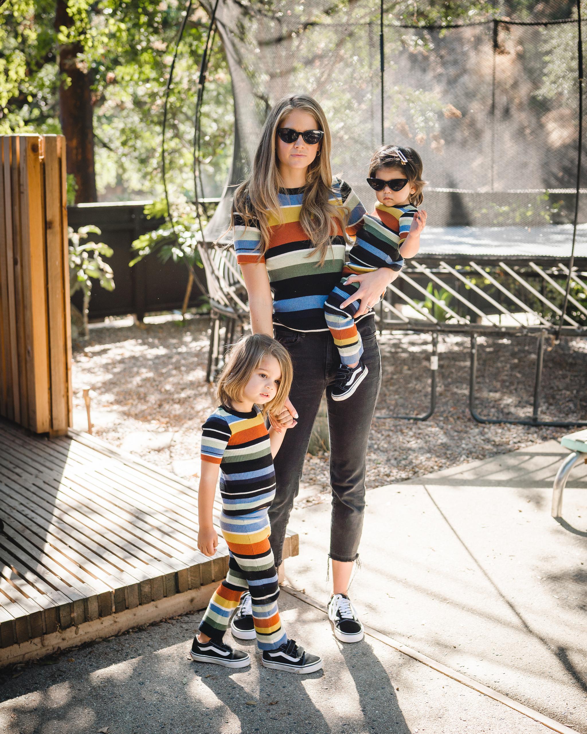 Kids and women's matching multi stripe knit tee. 