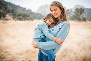 Kids and women's matching chambray blue bandana print sweater.