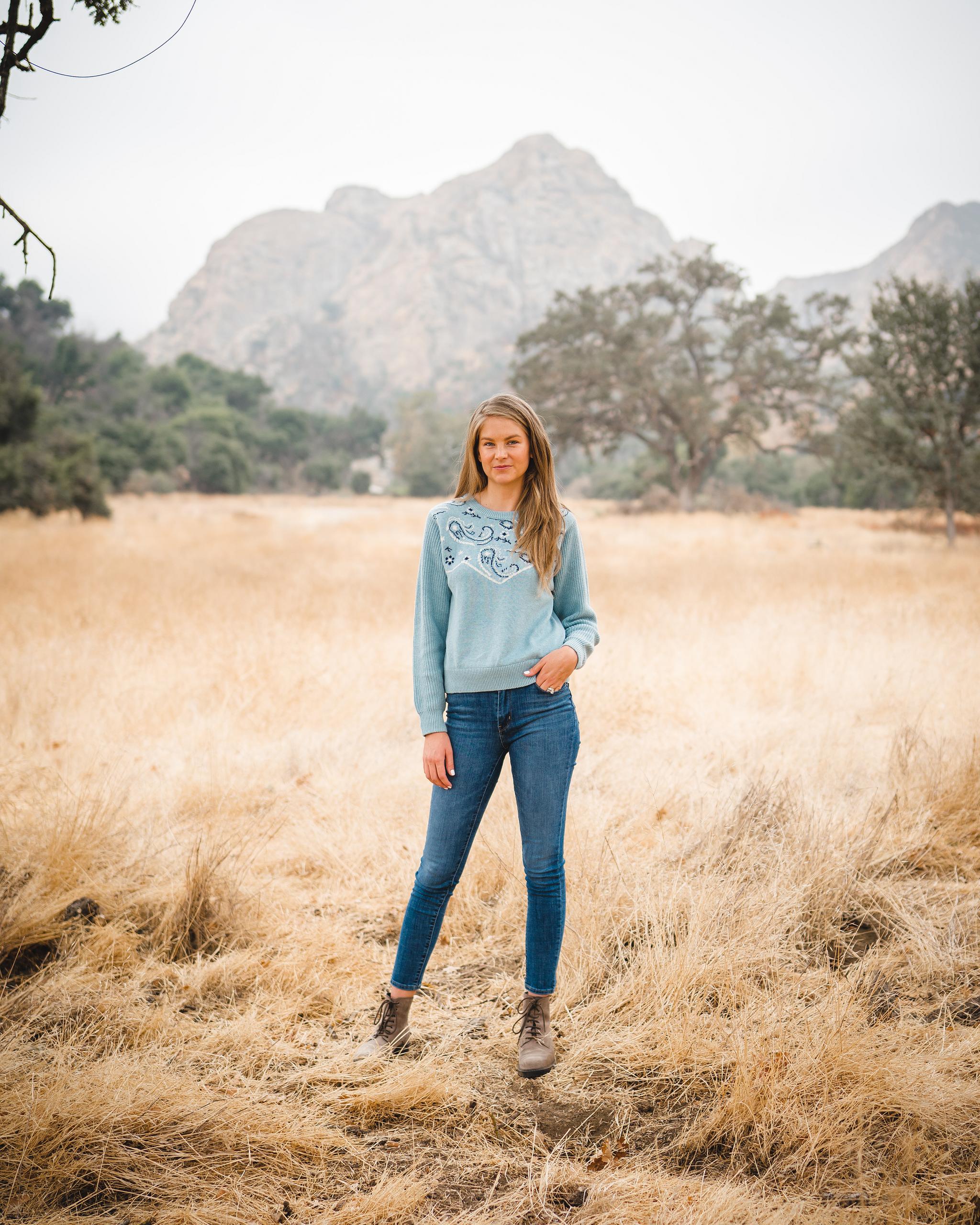 Women's chambray blue bandana pattern sweater. 