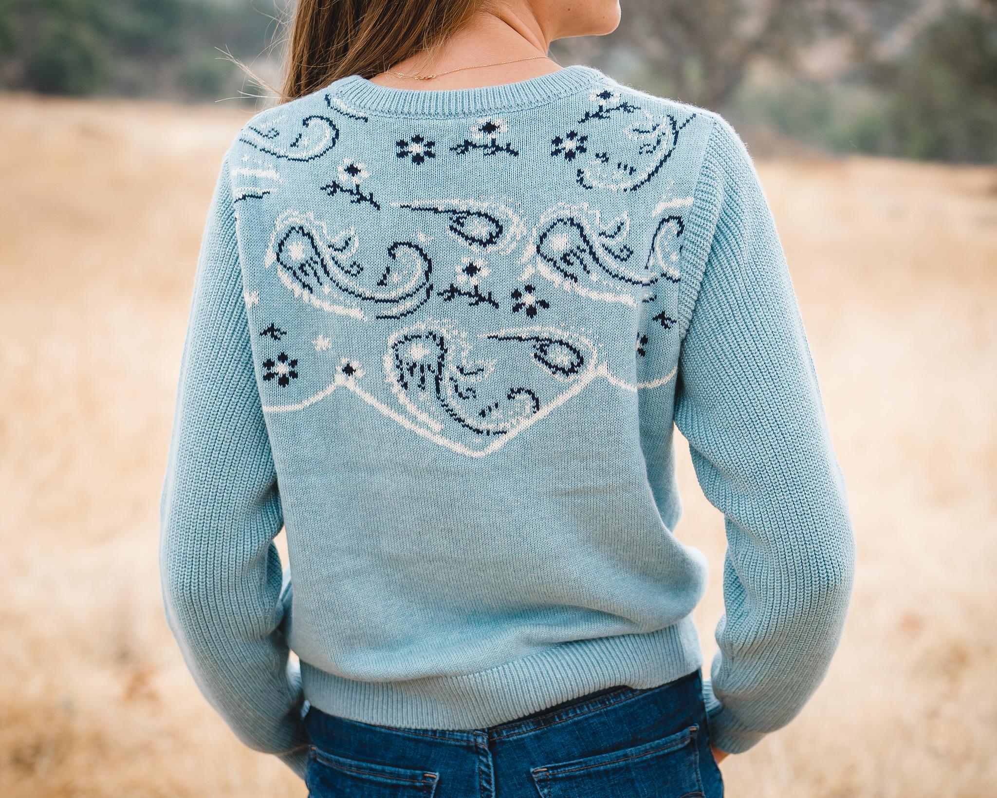 Back of women's bandana pattern sweater. 