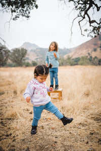 Kids lilac purple bandana pattern sweater and chambray blue bandana pattern sweater. 