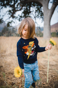 Kids navy blue tiger and lightning bolt sweater. 