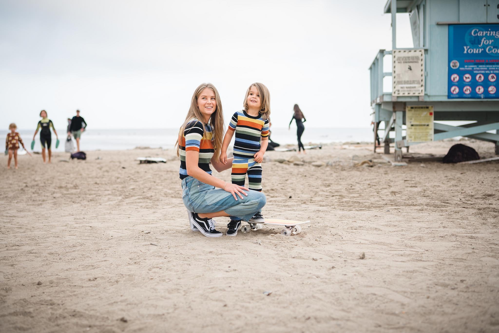 Kids and women's matching multi stripe knit tee. 