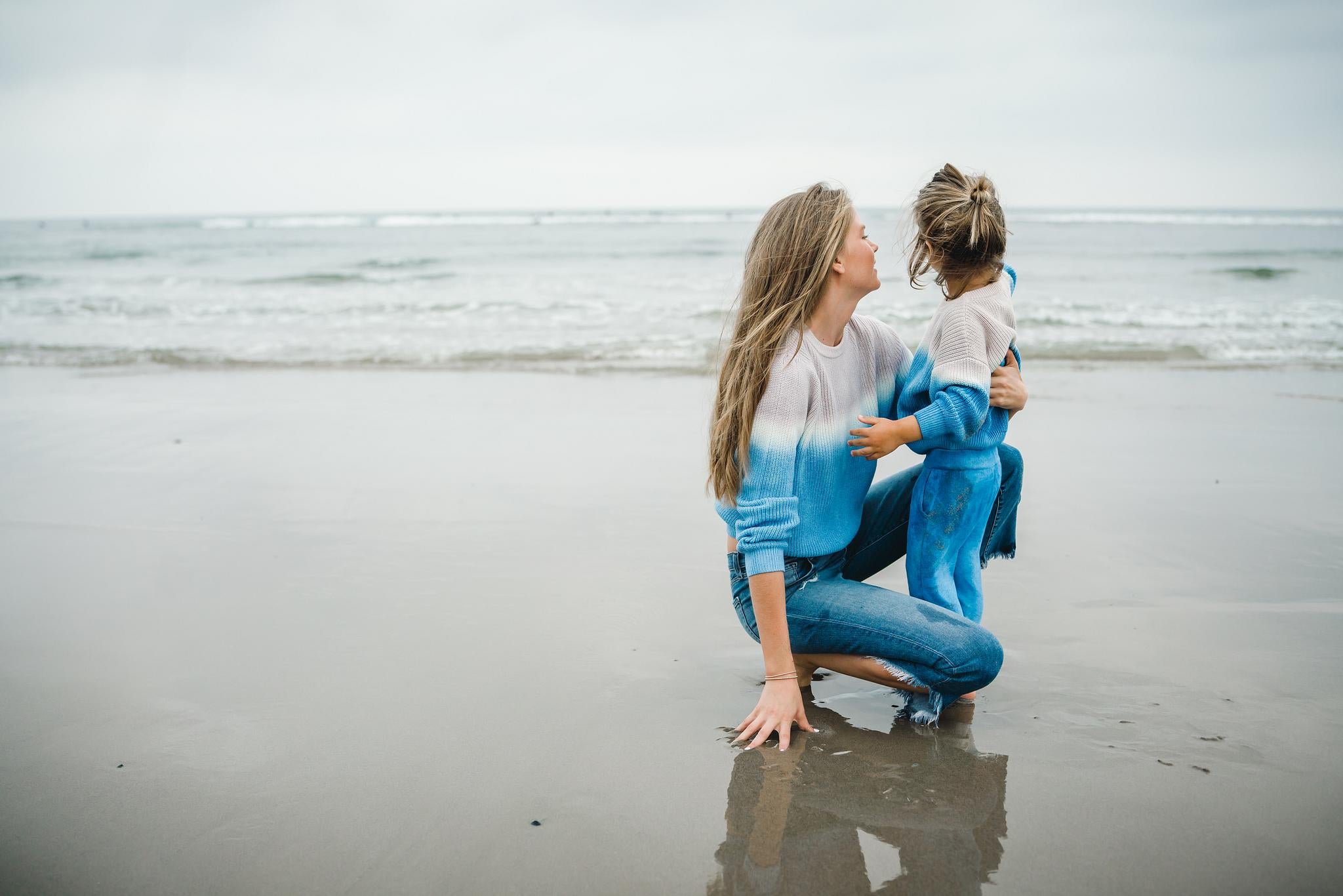 Women's and kids blue dip dye sweater. 