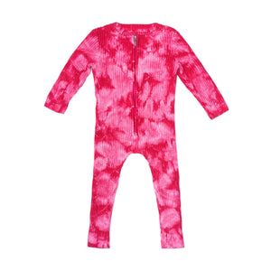 Front product shot of kids fuchsia pink tie dye onesie. 