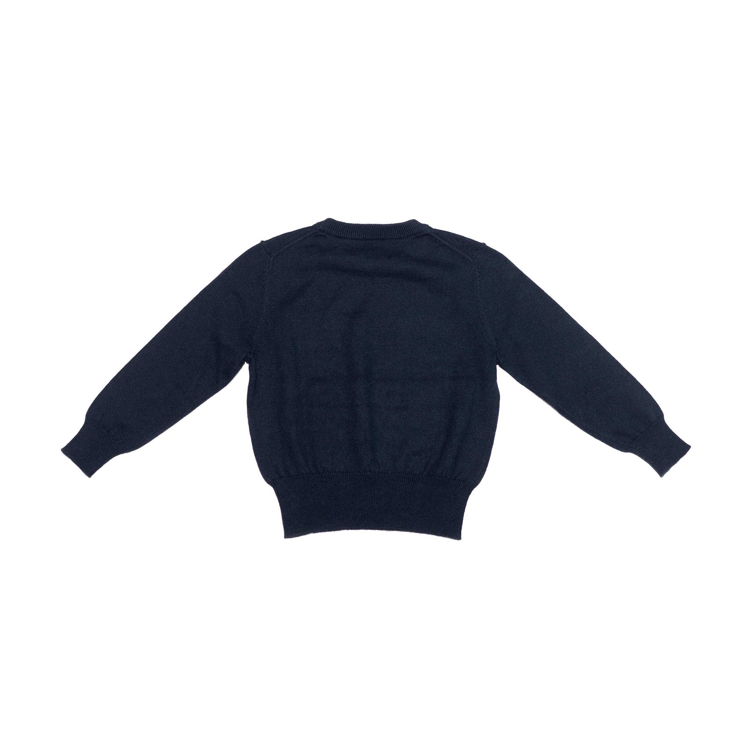 Back of kids navy blue tiger and lightning bolt sweater. 