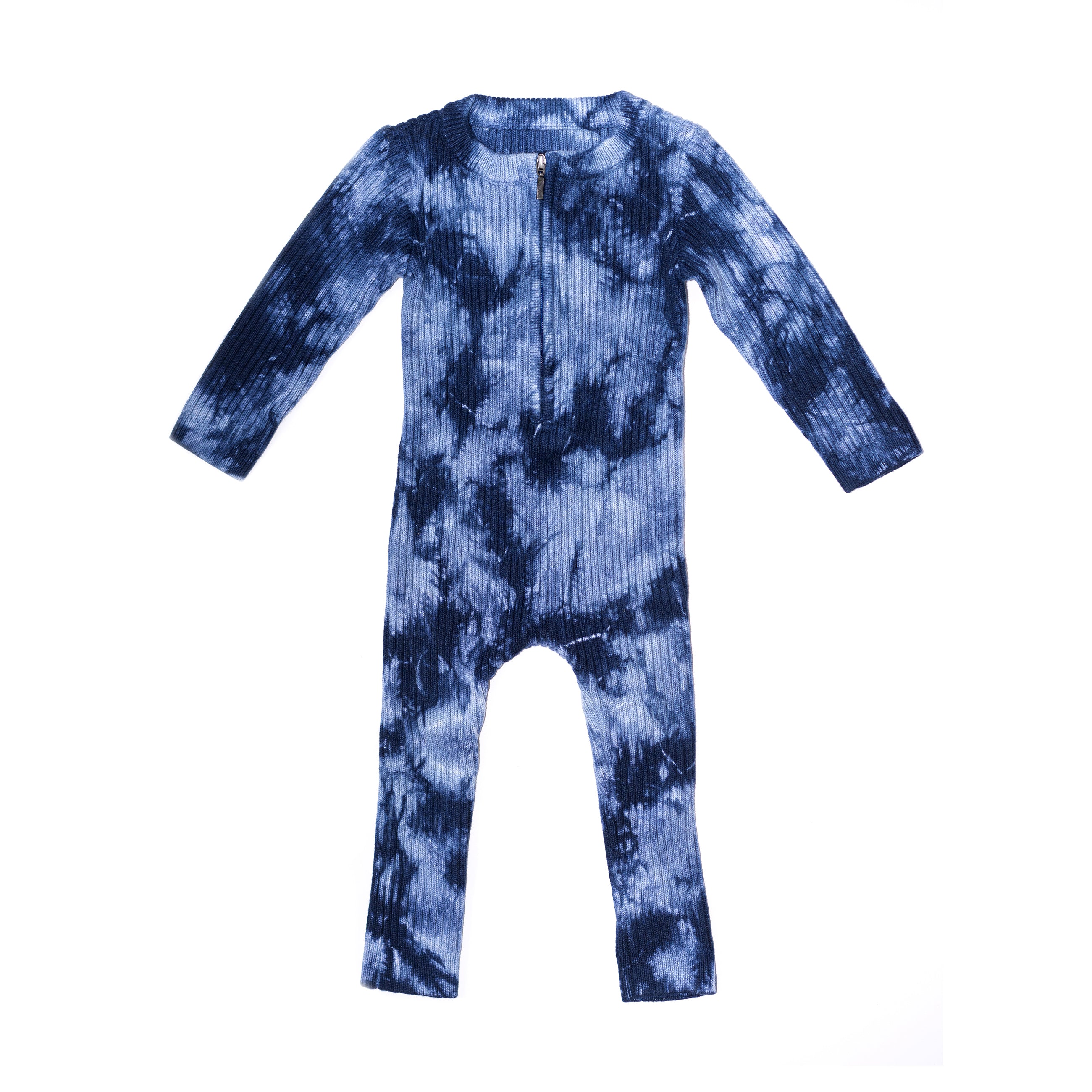 Front of kids indigo blue tie dye onesie. 