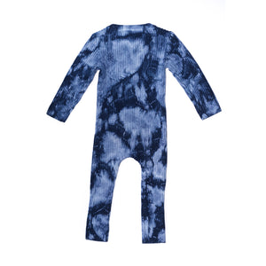 Back of kids indigo blue tie dye onesie. 