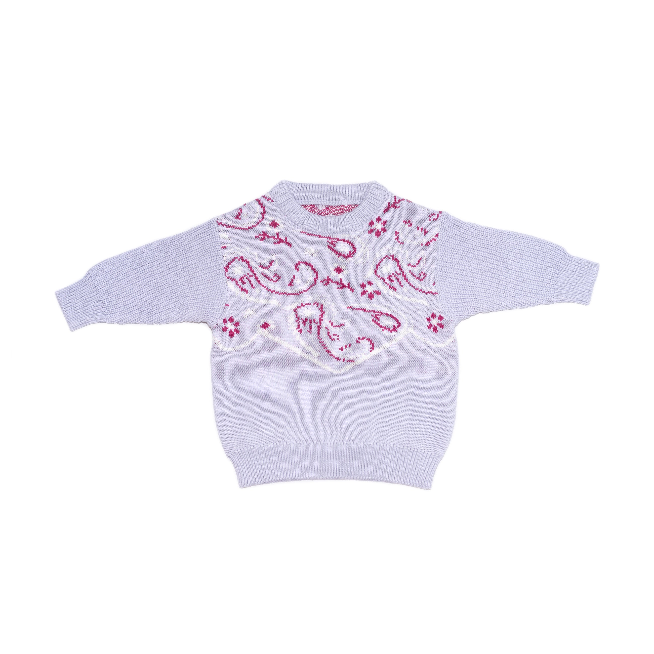 Front of kids lilac purple bandana pattern sweater. 