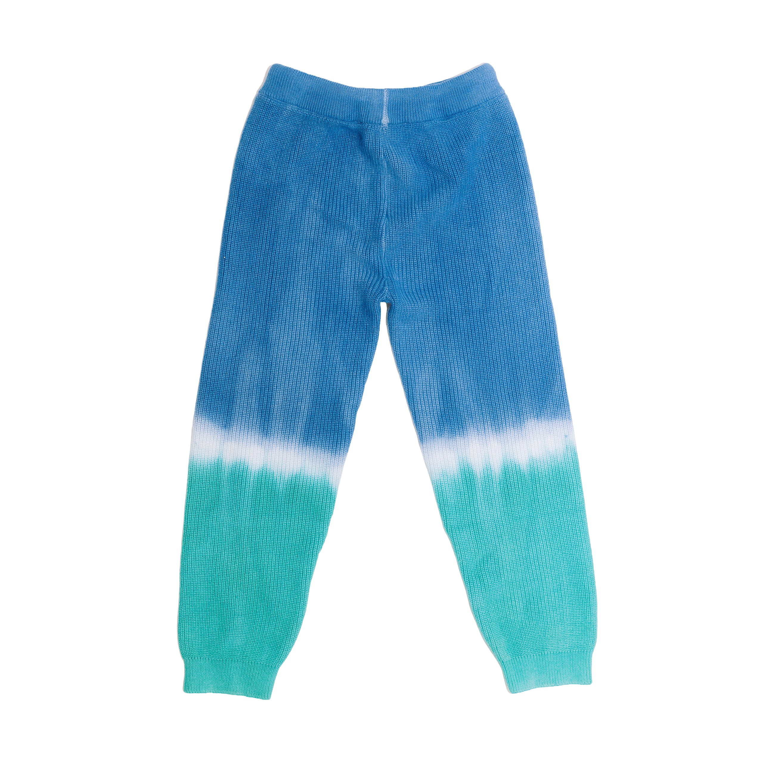 Blue and green dip dye knit pants back product shot.