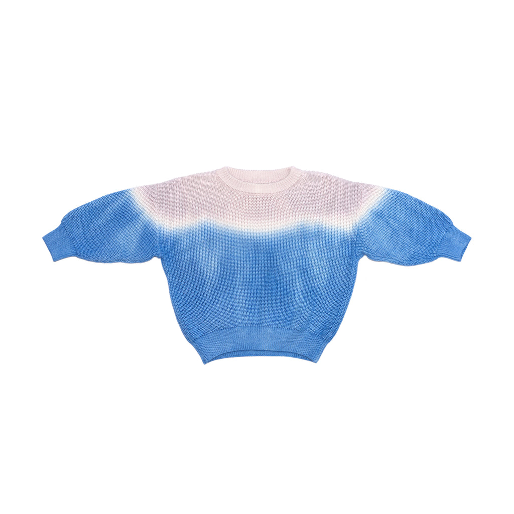 Front of kids blue dip dye sweater. 