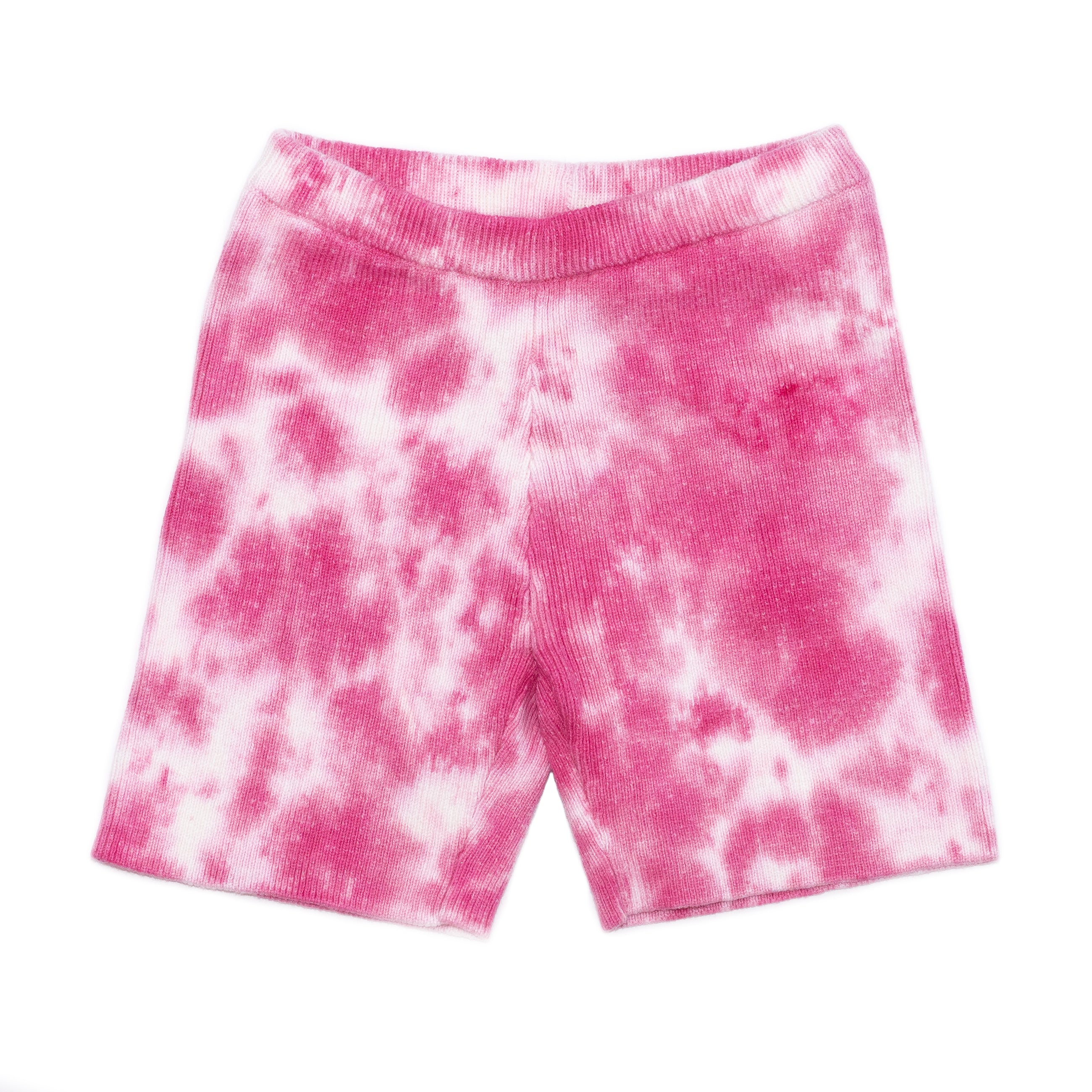 Front product shot of kids fuchsia pink tie dye shorts. 