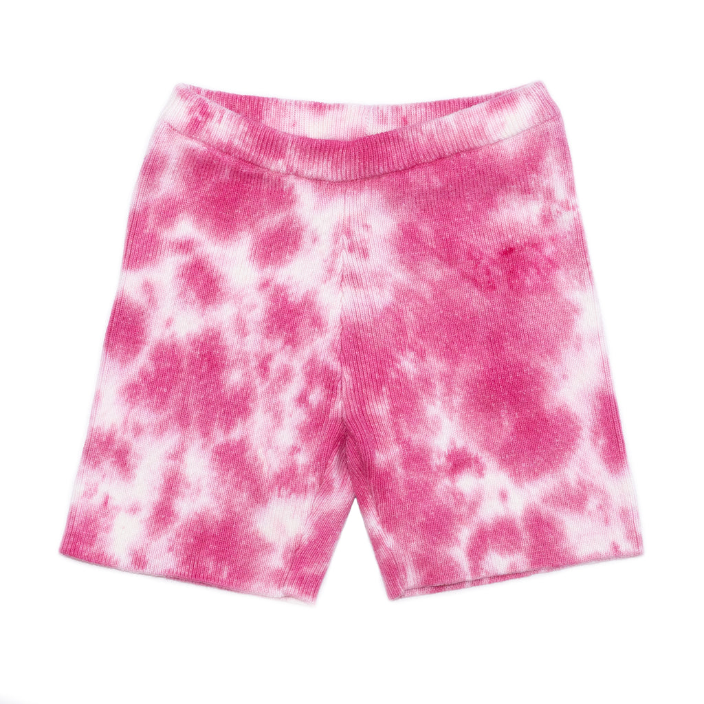 Front product shot of kids fuchsia pink tie dye shorts. 