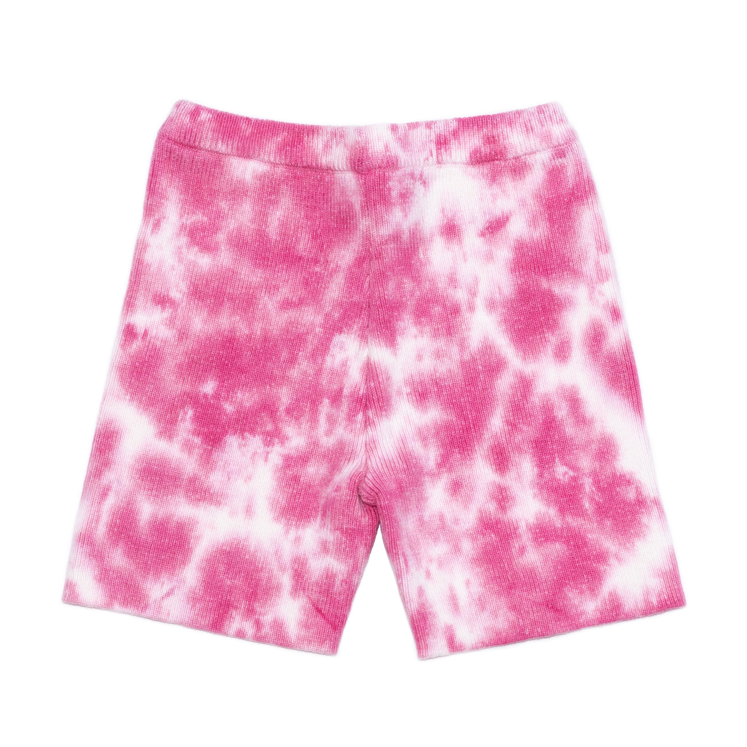 Back product shot of kids fuchsia pink tie dye shorts. 