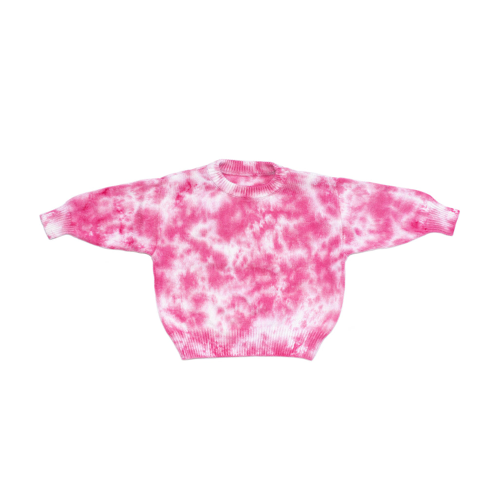 Front product shot of kids fuchsia pink tie dye sweater. 