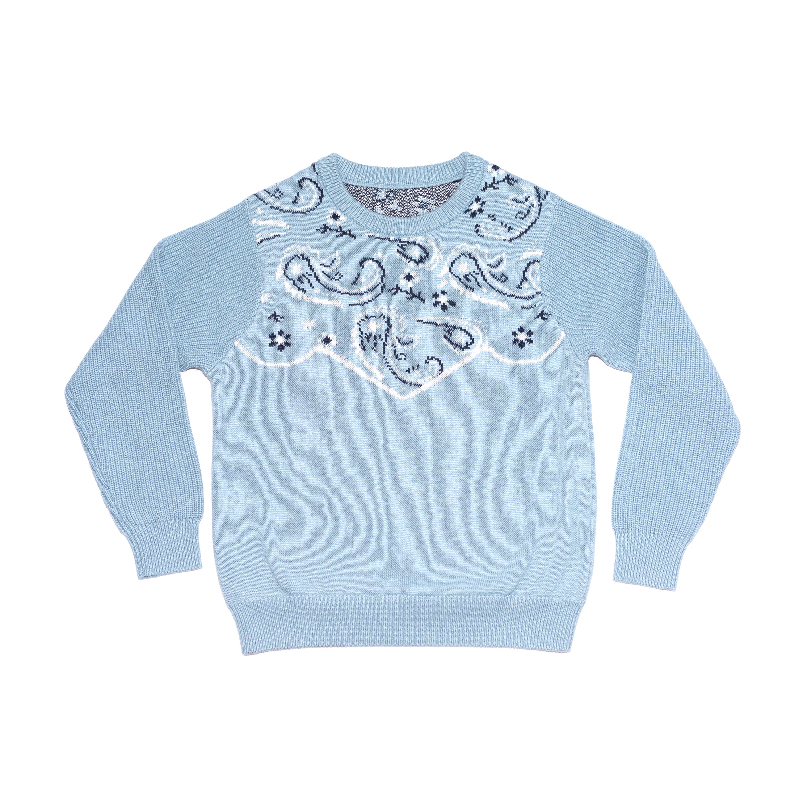 Front of women's chambray blue bandana pattern sweater. 