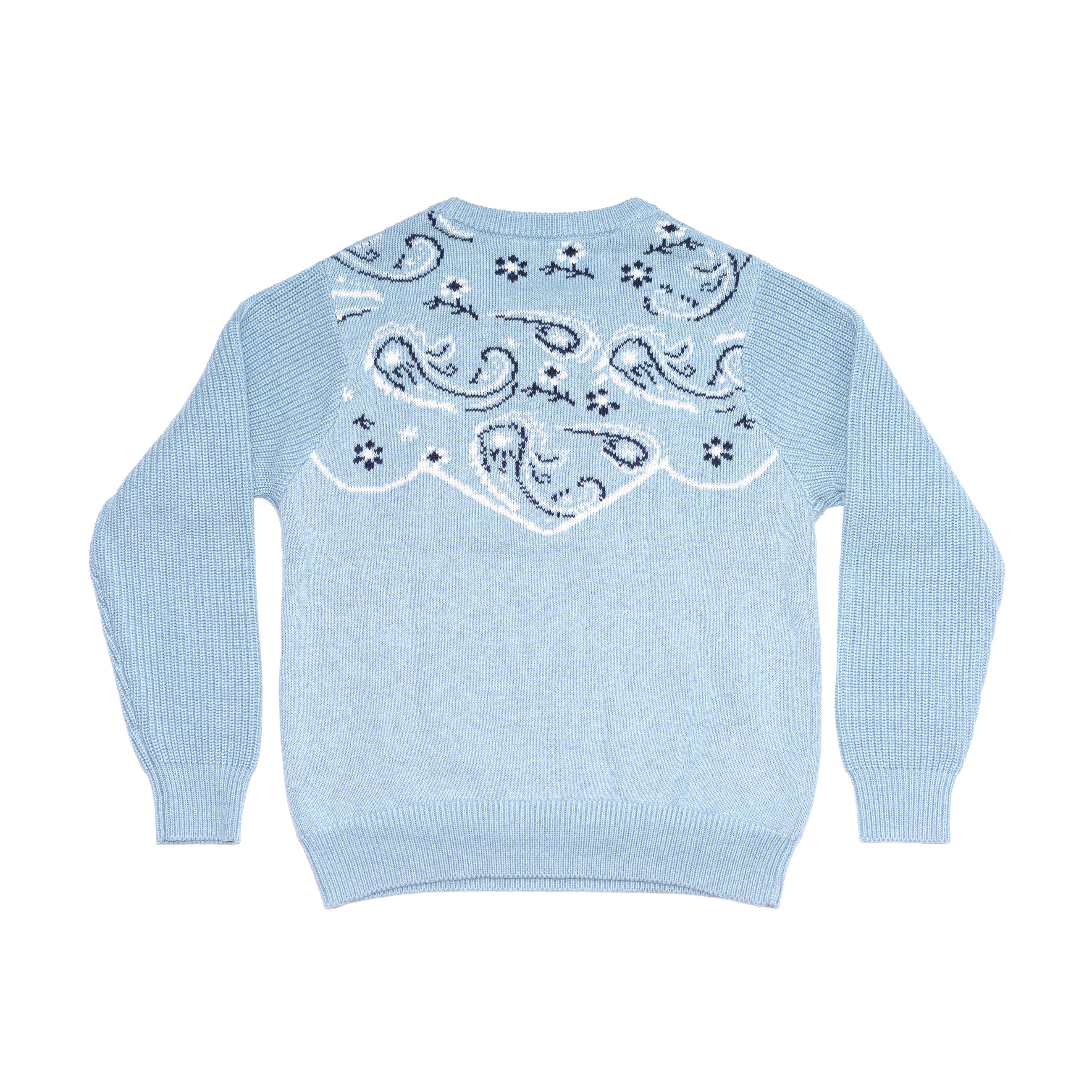 Back of women's chambray blue bandana pattern sweater. 