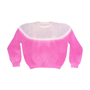 Front of women's pink dip dye sweater. 