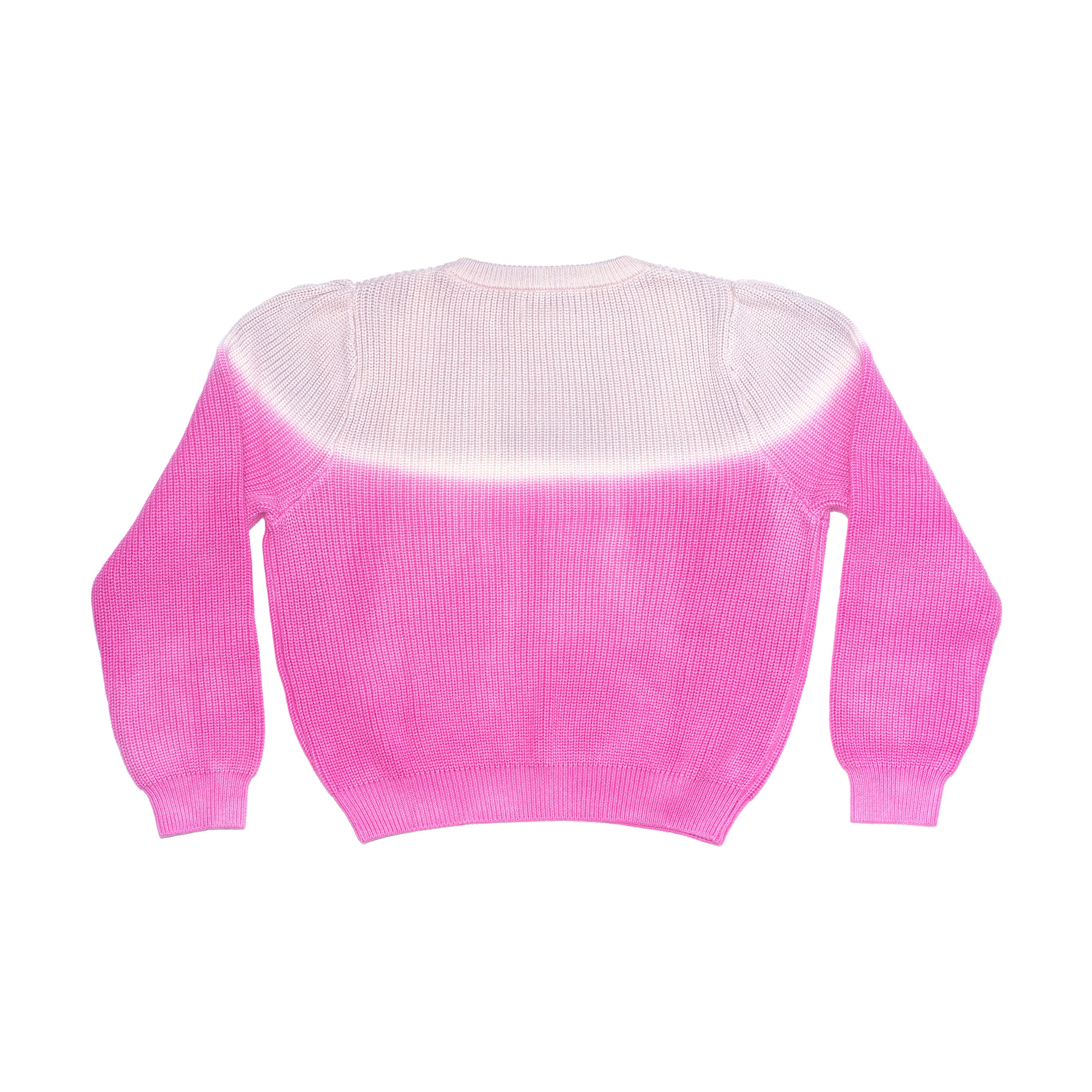 Back of women's pink dip dye sweater. 