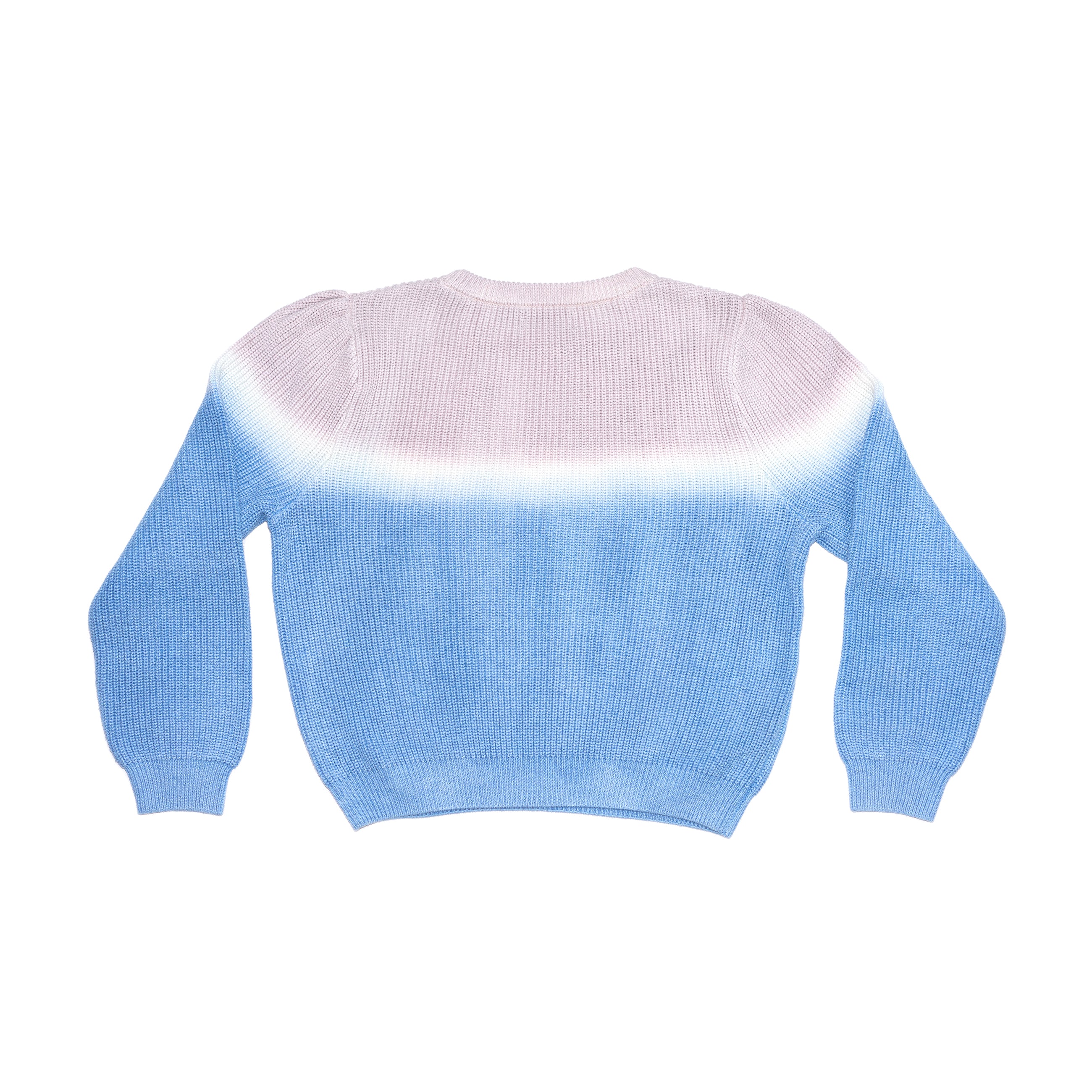 Back of women's blue dip dye sweater.