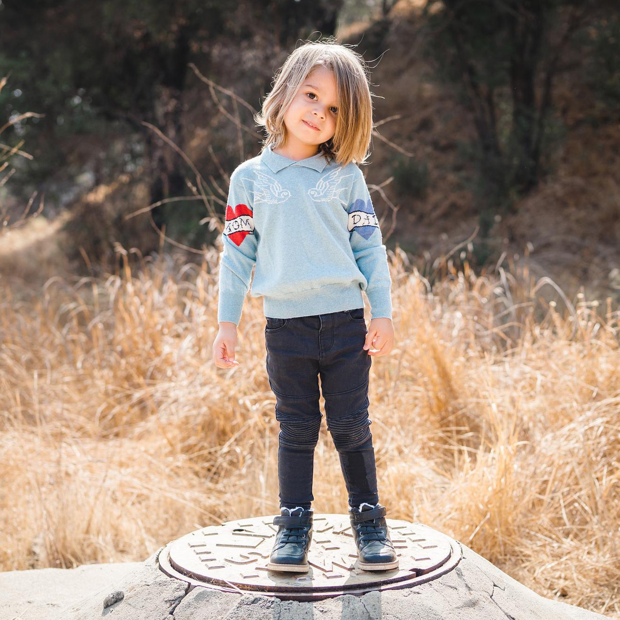 Kids chambray blue sailor sweater with collar. 