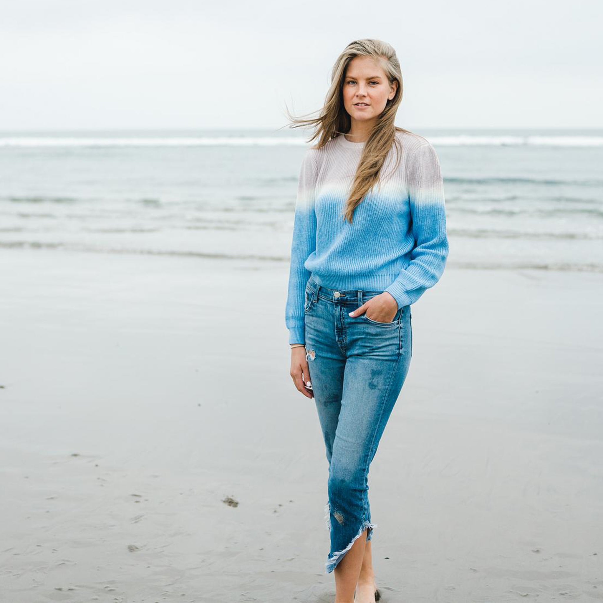 Women's blue dip dye sweater.