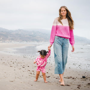 Women's pink dip dye sweater and kids fuchsia pink tie dye sweater and shorts. 